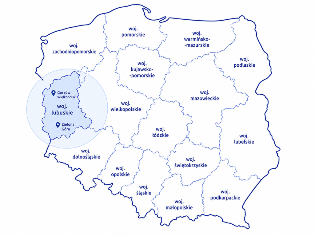 Mapa województwa lubuskiego z lokalizacjami Inspekcji Handlowej.